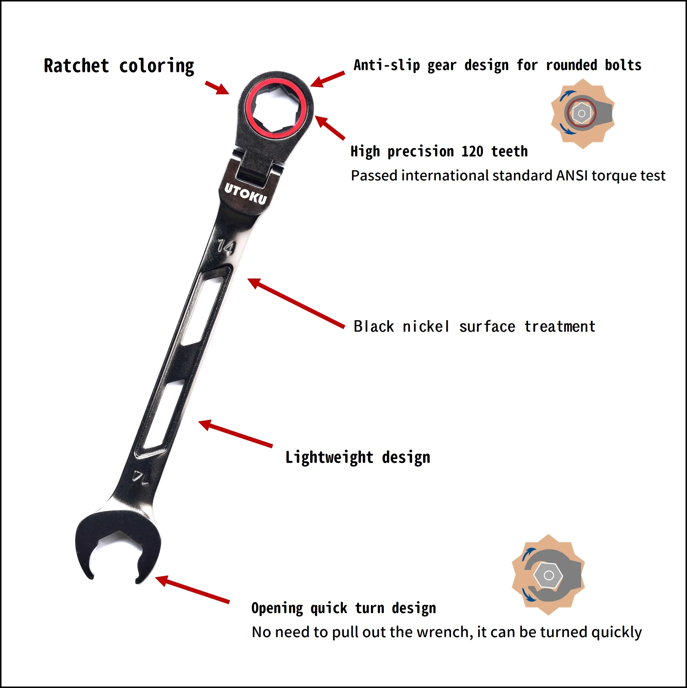 7 Size Combination set UTOKU Patent Precision 120-tooth Anti-slip Ractchet/Plum Wrench - Made in Taiwan - Image 2