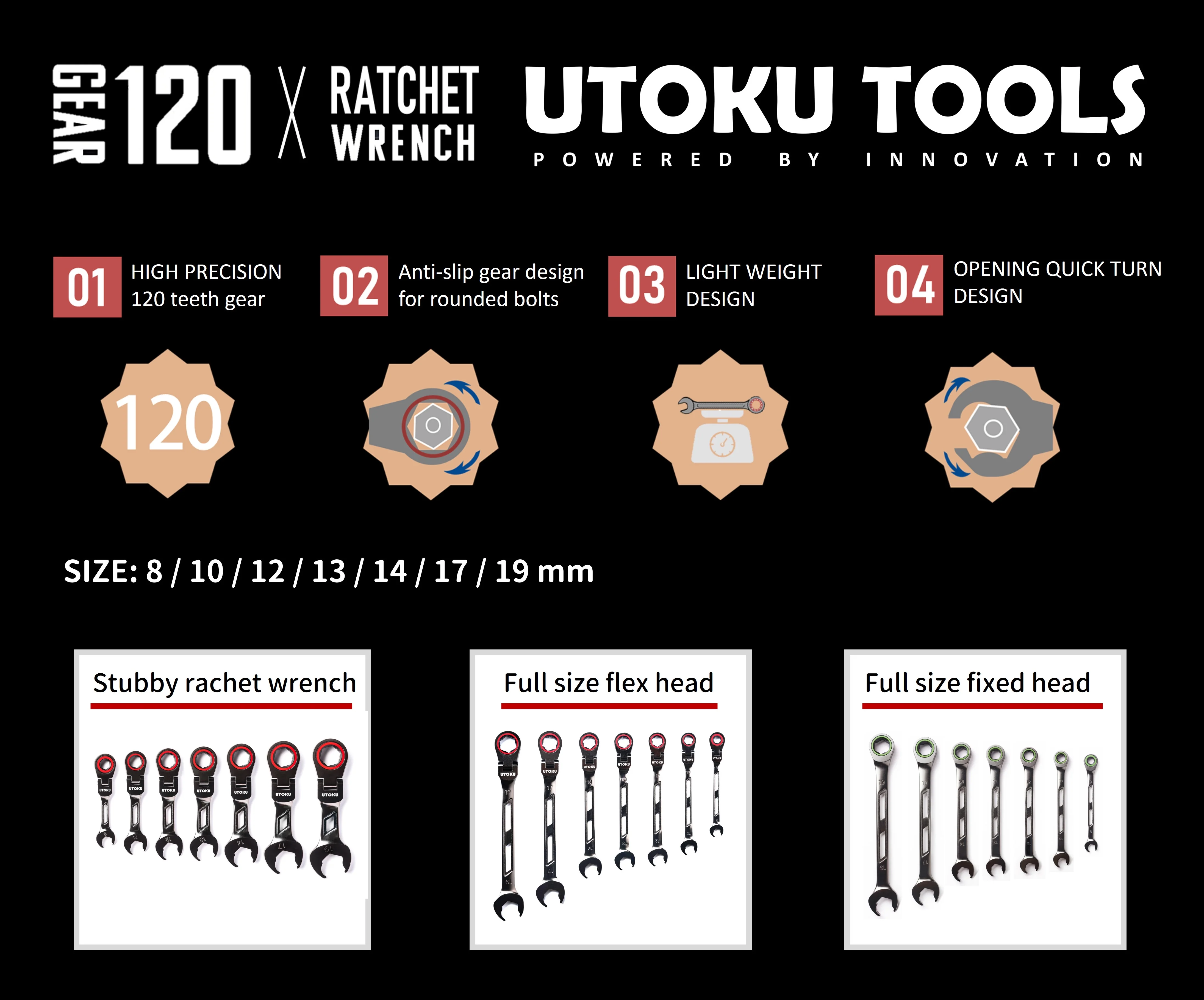 7 Size Combination set UTOKU Patent Precision 120-tooth Anti-slip Ractchet/Plum Wrench - Made in Taiwan - Image 4