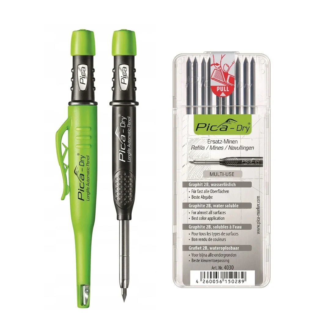 Pica DRY Automatic Pencil + Pica DRY Refill Set, Graphite 2B (10 Leads)